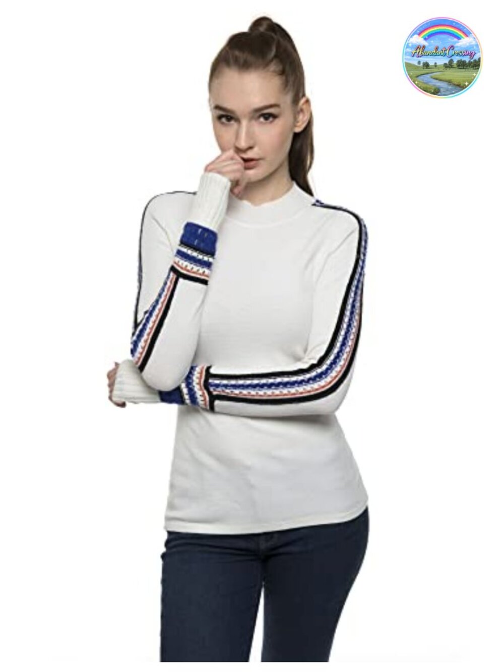 Women Mock Neck Fair Isle Trim Long Sleeve Pullover Knit Sweater